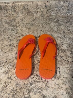 Tory Burch Orange Flip Flops with Pink Logo Straps